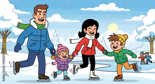 Family ice skating on a frozen pond in winter, enjoying the cold weather.