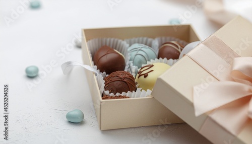 Wallpaper Mural リボン付きギフトボックスとアソートチョコレート（コピースペースあり・4Kリアリスティック・季節の）  
Assorted Chocolates in Ribboned Gift Box (Copy Space・4K Realistic・Seasonal)
 Torontodigital.ca