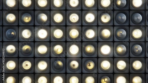 Flashing bright retro studio spot lights or bulbs grid in dark environment making random pattern, repeating animation. 