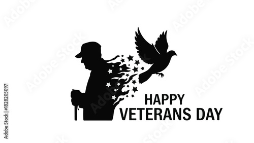 Veterans Day silhouette graphic with soldier, dove, and stars, patriotic symbol for Happy Veterans Day celebration