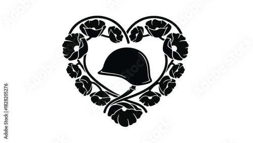 Symbol of remembrance and honor, a military helmet framed by poppies in a heart shape.