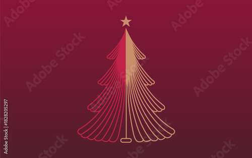 Modern vector Christmas tree made with line gold, red, placed on red backdrop, luxury minimalist holiday aesthetic. Christmas elegant invitation with Christmas tree. Merry Christmas greeting card