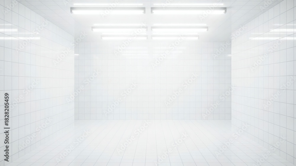 Fototapeta premium Empty White Tiled Room Background - Liminal Space Sterile Interior with Fluorescent Lights