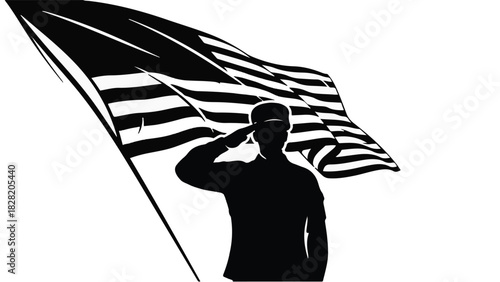 Silhouette of a soldier saluting the American flag, symbolizing patriotism and honor