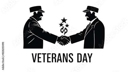 Two silhouetted veterans in uniform shaking hands, celebrating service with stars.