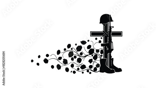 Soldier helmet and cross memorial war remembrance symbol with black silhouette and white background