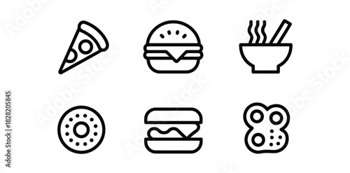 Set of Six Food Icons: Pizza, Burger, Noodles, Donut, Burger, and Eggs