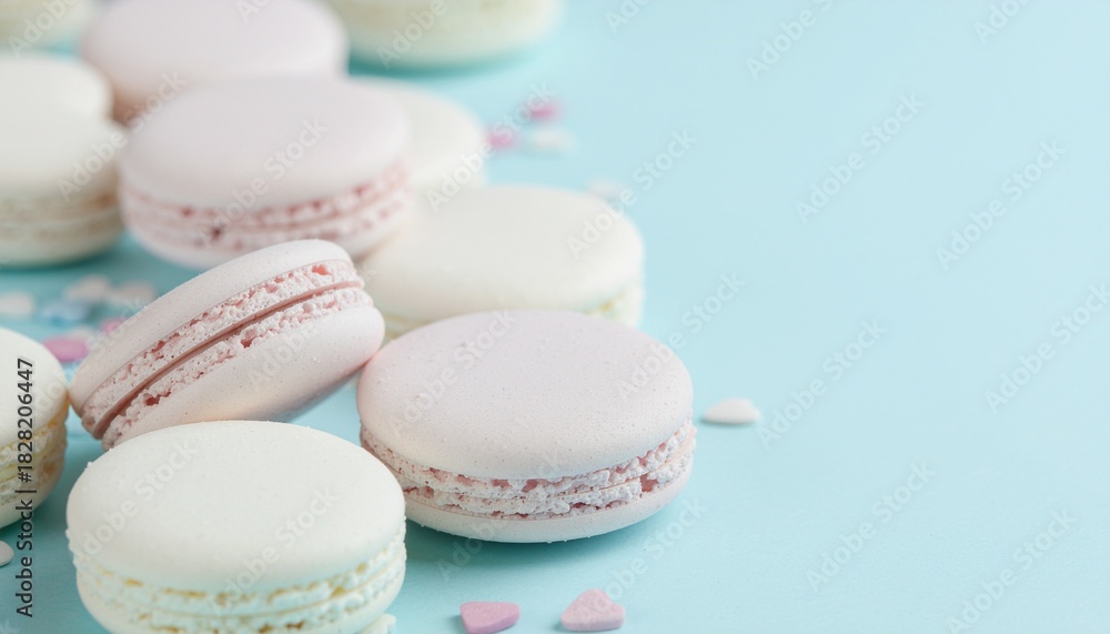 Fototapeta premium パステルマカロンとハート型コンフェッティ(コピースペースあり・4Kリアリスティック・季節の) Pastel Macarons with Heart Confetti (Copy Space・4K Realistic・Seasonal)