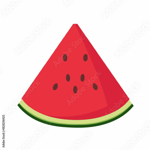illustration of a single, triangular slice of watermelon. The fruit flesh is a vibrant red, containing a few scattered, dark brown or black seeds.