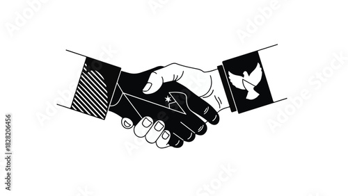 Two hands shaking in a gesture of unity and peace, symbolizing agreement and partnership.