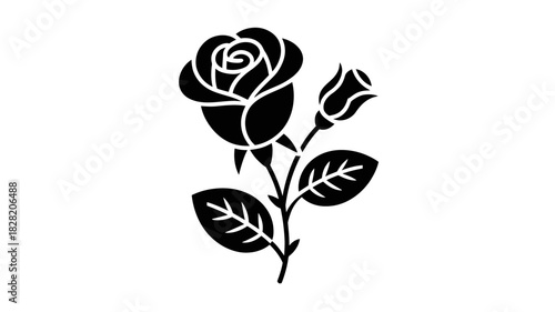 A simple black and white silhouette of a rose with a bud and leaves. The stark contrast highlights the elegant shape of the flower.