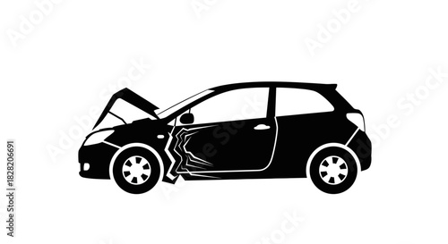 Vector Silhouette of a Buckled Hood on a Compact Hatchback After Frontal Impact_transparent.svg