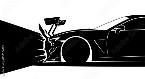 Vector Silhouette of a Sports Car with Torn Front Spoiler and Lifted Fender Impact_transparent.svg
