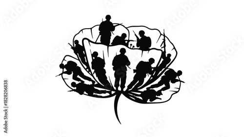 Poppy silhouette filled with fallen soldiers symbolizing remembrance and sacrifice