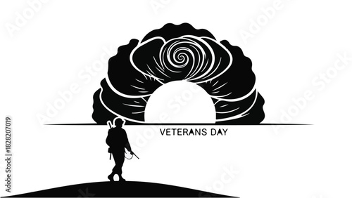 Solemn soldier walks towards a memorial archway adorned with a stylized flower, honoring Veterans Day.