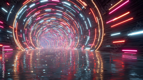 Fototapeta Naklejka Na Ścianę i Meble -  Abstract flight in retro neon hyper warp space in the tunnel 3d illustration