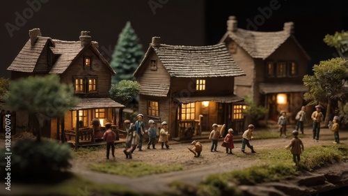 Fototapeta Naklejka Na Ścianę i Meble -  Miniature Village Scene with Illuminated Houses and Playful Figures at Dusk