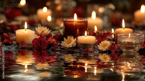 Romantic ambiance: Candles, flowers, and reflections creating a serene atmosphere