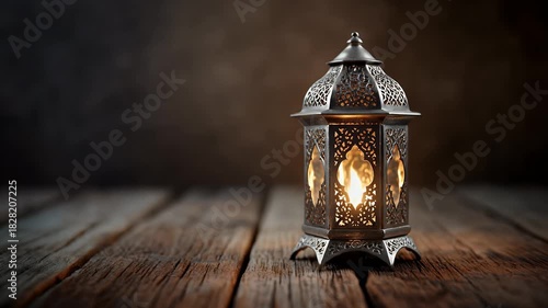 Ornate Islamic Lantern Illuminates Rustic Wooden Surface with Warm Glow.