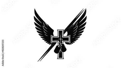 Christian cross with wings symbol illustration, religious icon, winged cross design element, sacred symbol, faith concept, black and white