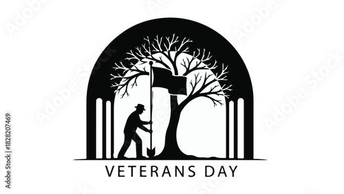 Solemn figure plants flag beneath bare tree, honoring veterans on a significant day.