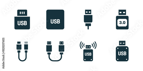 Various usb connector types and styles are displayed in a vector illustration