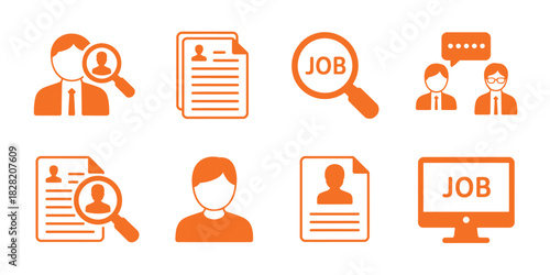 Orange icons depicting job search recruitment and human resources concepts shown