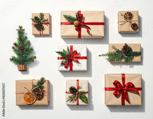 Christmas gift box with natural decoration and red ribbon bow, festive holiday presents wrapped in brown and white paper with pine cones and dried orange slices