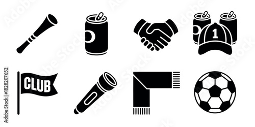 Black and white icons of football fan elements including drinks and handshake