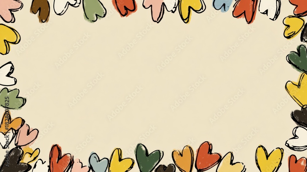 Fototapeta premium Colorful Doodle Hearts Create a Playful Border on a Beige Canvas With Open Center for Childrens Card Design
