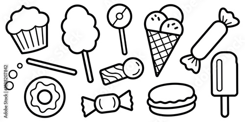 Outlined sweets and desserts including a cupcake donut and ice cream cone vector
