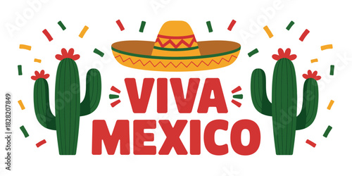Illustration of viva mexico text with cactus plants sombrero and confetti design