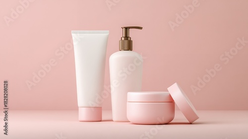 Pink Skincare Containers Set on Soft Pink Background for Beauty and Cosmetic Products