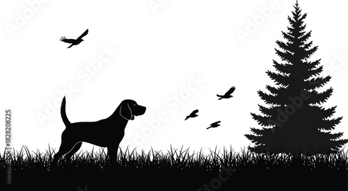 Black Silhouette Vector Illustration of a Hunting Dog Standing in Grass Field Near Pine Tree, Watching Flying Birds, Perfect for Nature, Hunting, and Outdoor Design.