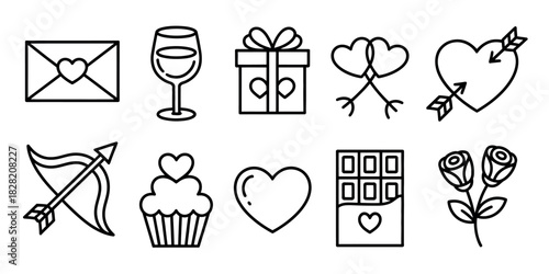 Valentine's day themed icons including hearts, gifts, and romantic symbols drawn