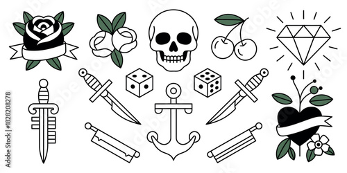 A collection of traditional tattoo flash designs including roses and daggers and skulls