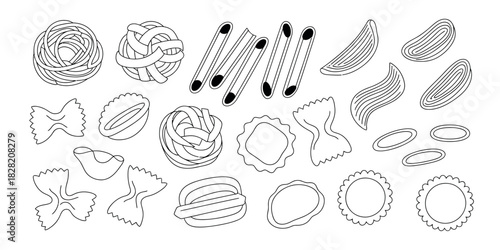 A variety of pasta shapes including nests, penne, farfalle, and other varieties