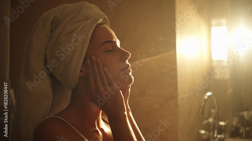 Relaxed Woman with Towel on Head Enjoying Warm Shower in Bathroom