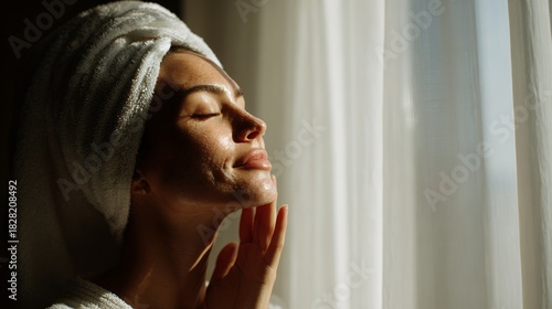 Relaxed Woman with Towel Wrapped Head Standing Near Window with Sheer Curtains