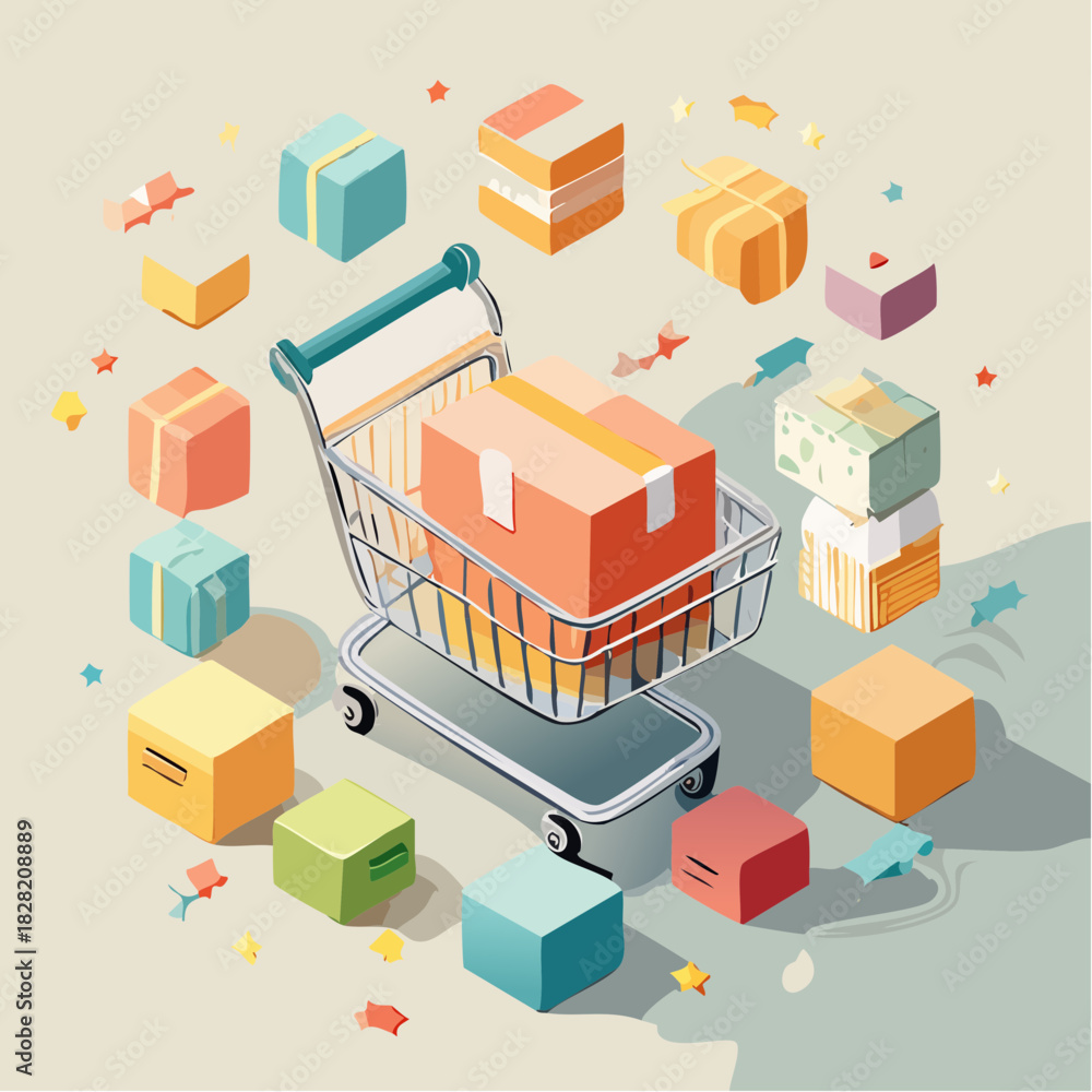 Fototapeta premium Shopping Cart Full of Gift Boxes with Decorative Shapes