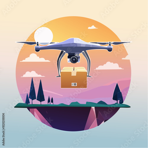 Drone delivering package over a floating island with colorful sky and sunset