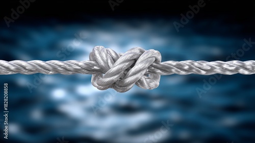 Intricate knot tied in durable rope against a serene water background