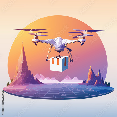 Innovative drone delivery service soaring through a stylized futuristic landscape with package delivery