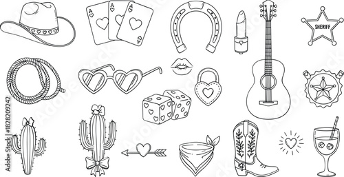 Western romance doodles and country love line icons set