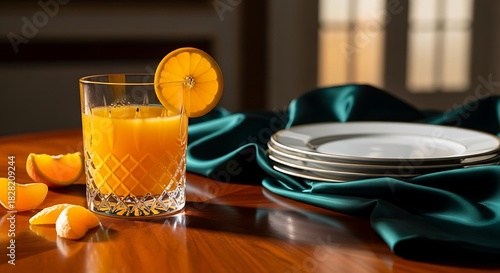 Refined breakfast scene featuring orange juice and elegant table setting