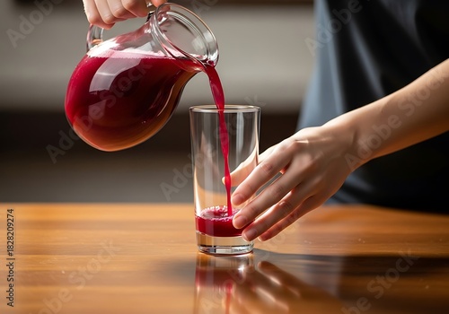 Refreshing berry beverage being poured from pitcher into elegant glass