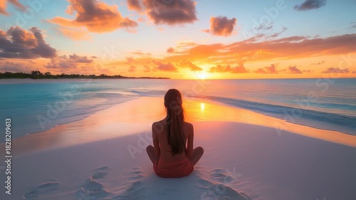 Peaceful Sunset Serenity Woman Meditating on the Beach at Dusk Captivating Scenery