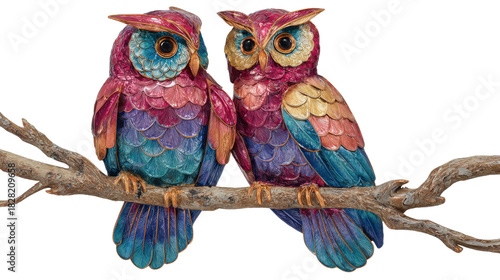 A beautiful pair of owls sitting on a branch isolated on white background 