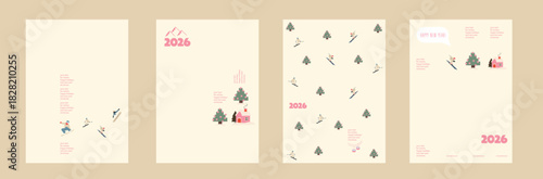 Minimalist winter holiday set with skiers, trees and cozy houses in soft pastel colors. Modern flat style templates for New Year 2026 cards, Christmas greetings and festive seasonal designs.