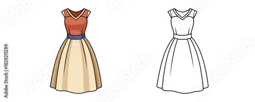 Vintage style midi dress with a fitted reddish-brown bodice and a cream pleated skirt, shown next to a black and white outline drawing